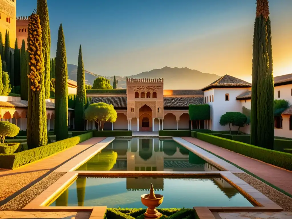 El legado islámico de la Alhambra en España brilla con luz dorada al atardecer, mostrando su belleza y atmósfera serena