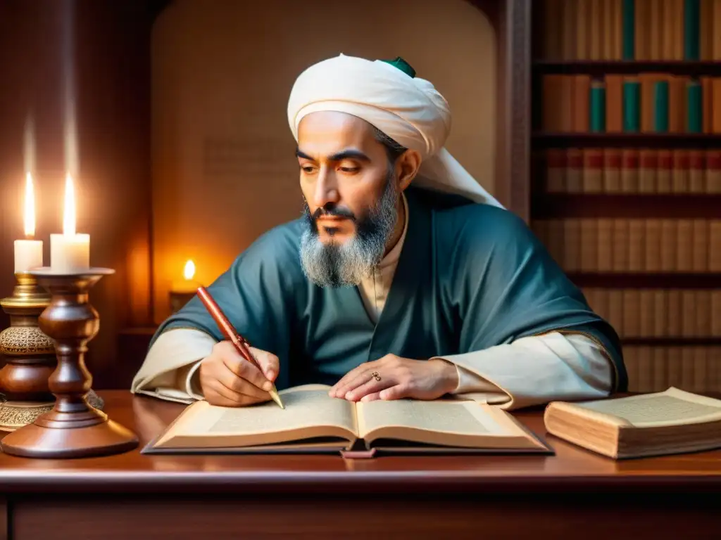 Ibn Sina se sumerge en su legado en medicina, rodeado de libros antiguos y herramientas médicas, iluminado por la cálida luz de las velas