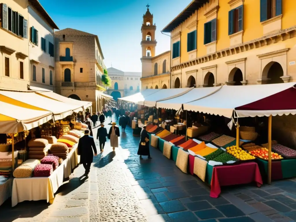 Legado moro en Sicilia: bullicioso mercado medieval con arquitectura morisca, textiles, especias y cerámica