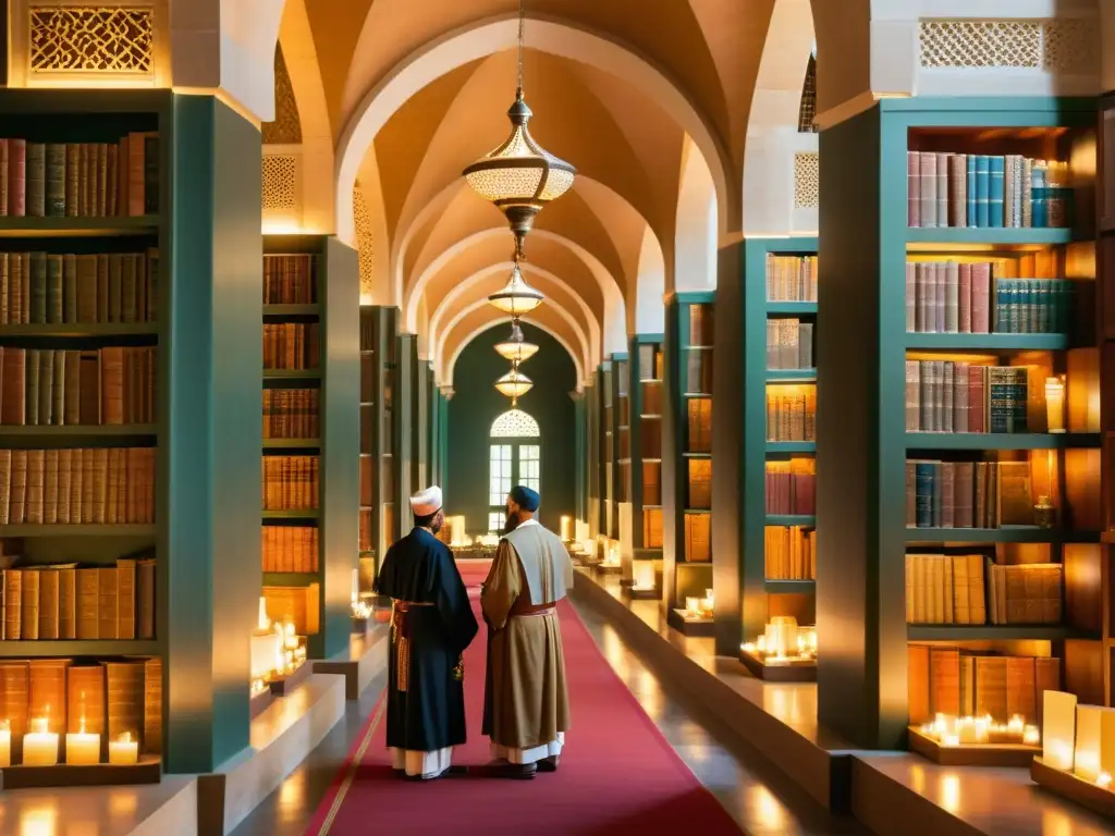 Legado de poetas musulmanes en la península ibérica: Intelectuales reunidos en una biblioteca llena de antiguos textos e iluminados manuscritos, intercambiando conocimientos en un ambiente de reverencia por la palabra escrita y la herencia literaria