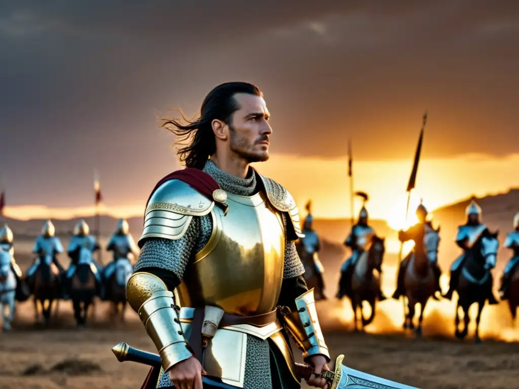 Saladino lidera ejército en la batalla al atardecer Saladino líder estratega de las cruzadas, con armadura ornada y una expresión determinada, lidera a sus tropas en un campo de batalla al atardecer