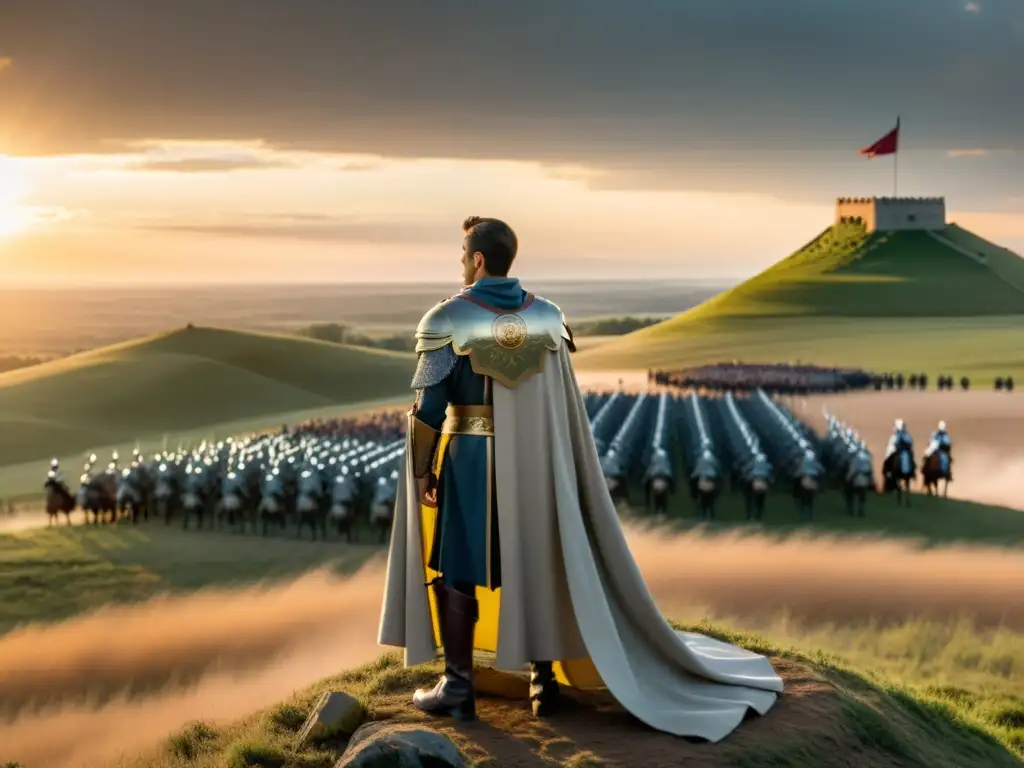 Saladino, estratega en la guerra de las Cruzadas Saladino líder estratega cruzadas en armadura, mirando su ejército en campo de batalla al atardecer, mostrando su determinación y táctica militar