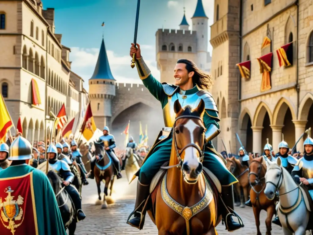 Saladino lidera triunfante su ejército en la ciudad medieval Saladino líder estratega cruzadas cabalga triunfante en la ciudad medieval, sosteniendo su estandarte entre soldados y ciudadanos admirados