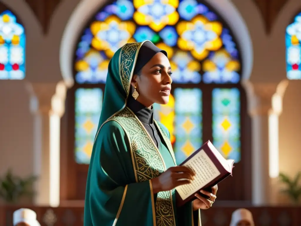 Una líder religiosa femenina entrega un poderoso sermón en una mezquita, irradiando fortaleza y compasión