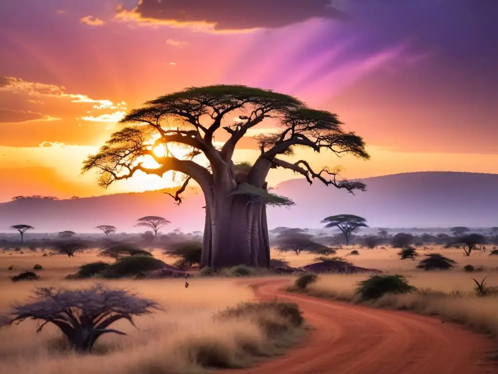 La llegada de la fe musulmana a África: atardecer en la vasta sabana africana, Baobabs majestuosos y aldea tradicional al fondo