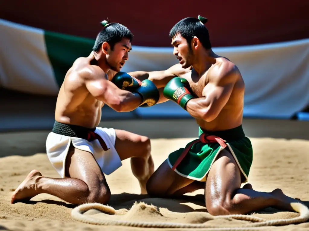 Dos luchadores de Kurash en un agarre dinámico bajo el sol, evidenciando la intensidad y tradición islámica de Kurash