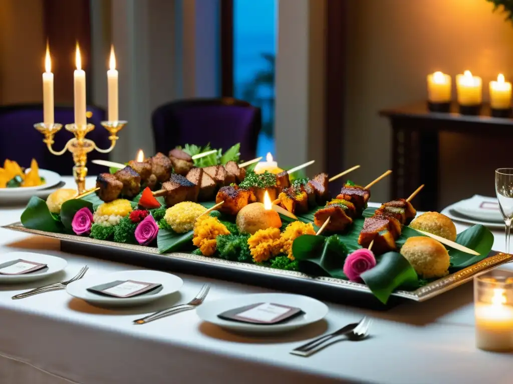 Un festín Halal de lujo, con kebabs, biryani y pastelería, elegantemente presentado en una mesa decorada con flores y velas