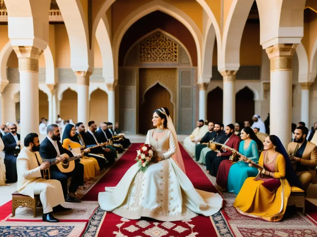 Una lujosa celebración de boda en un majestuoso patio del califato, con arcos ornamentados, azulejos intrincados y la novia rodeada de bienhechores