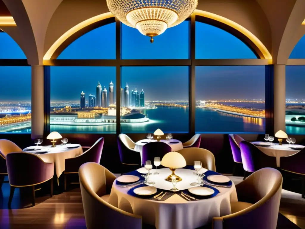 Un lujoso restaurante halal con vistas en Doha, exquisitamente decorado y con una panorámica nocturna deslumbrante de la ciudad