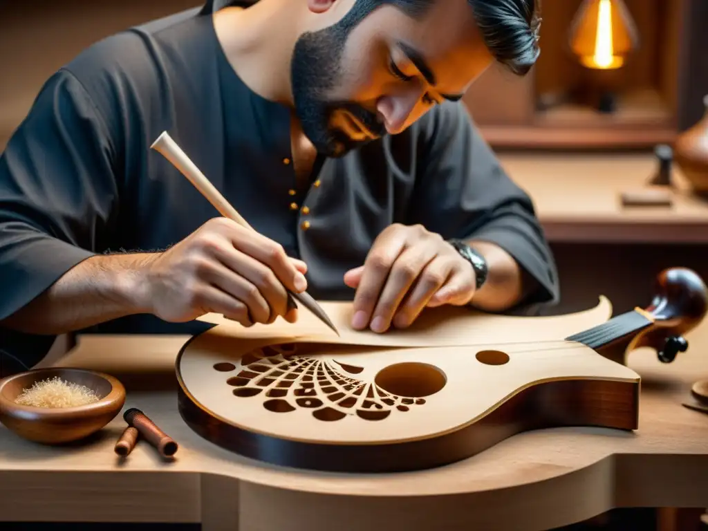 Un luthier experto talla con destreza un oud en su taller, rodeado de herramientas especializadas y virutas de madera oscura