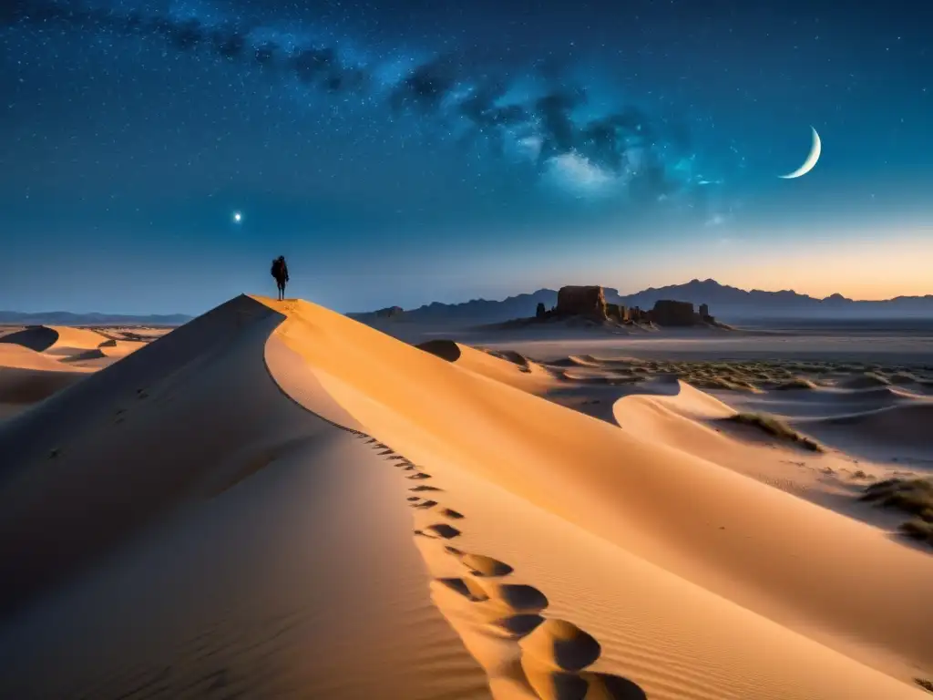 Bajo la luz de la luna, un viajero camina entre las dunas del desierto, evocando influencias de poesía sufí y literatura contemporánea