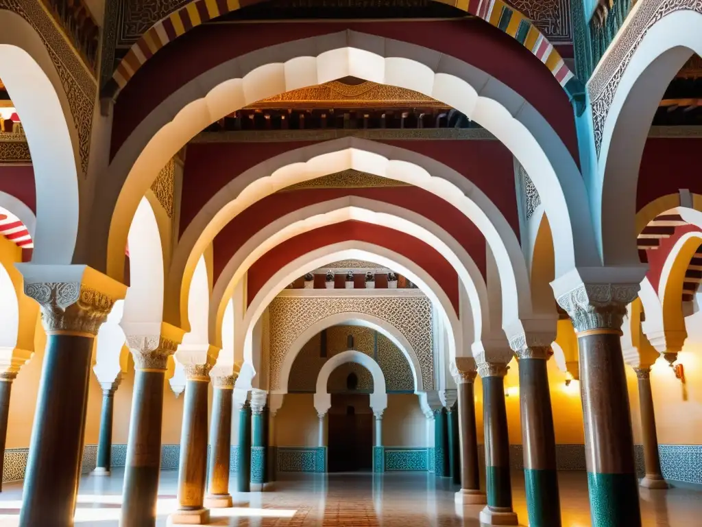 La luz del sol ilumina los arcos dobles rojos y blancos de la Gran Mezquita de Córdoba, creando un juego de luces y sombras en su interior