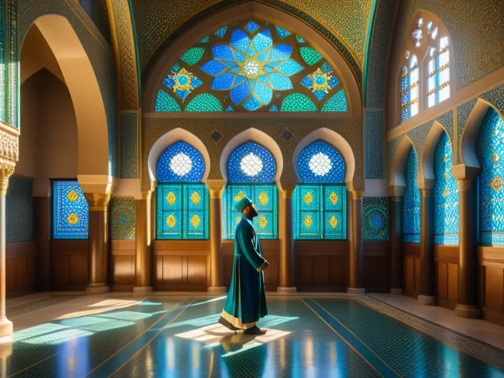 La luz del sol ilumina un intrincado mosaico en tonos azules, verdes y dorados en el interior de una majestuosa mezquita