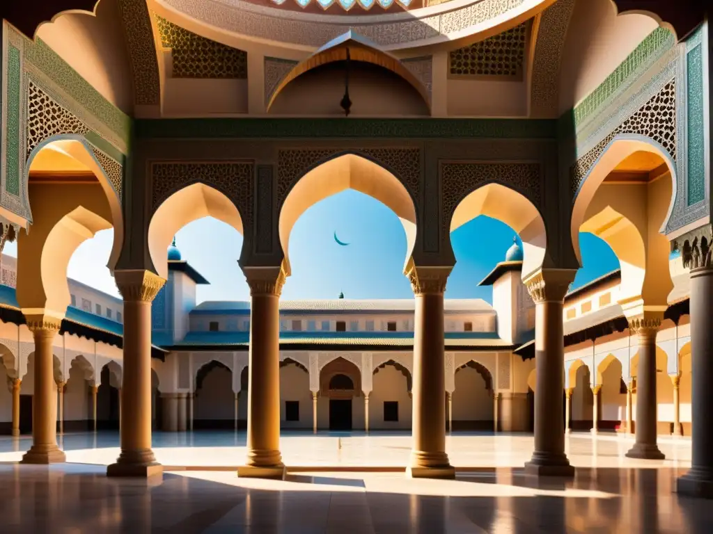 Una madrasa islámica con detalles arquitectónicos, patrones de mosaico vibrantes y un tranquilo patio lleno de estudiantes