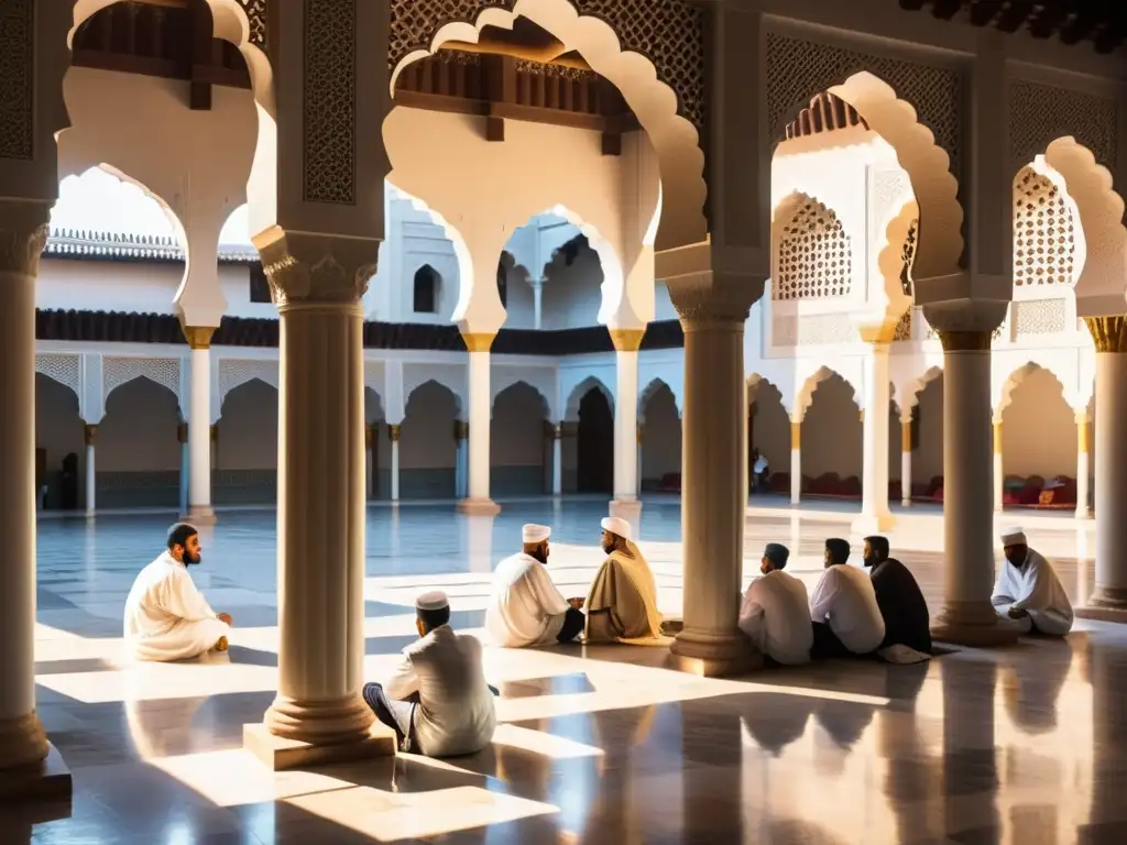 Madrasa islámica con estudiantes y eruditos en un patio lleno de azulejos geométricos y arcos ornamentados