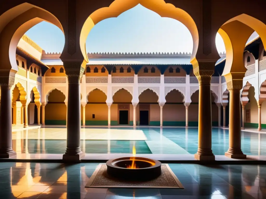 Una madrasa tradicional en Asia, con arquitectura islámica detallada, colores vibrantes y estudiantes en el patio