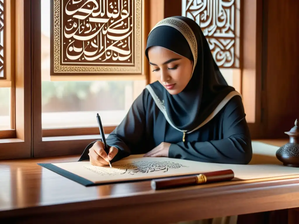 Una maestra de caligrafía islámica femenina, concentrada en su delicada escritura con un qalam en un ambiente iluminado