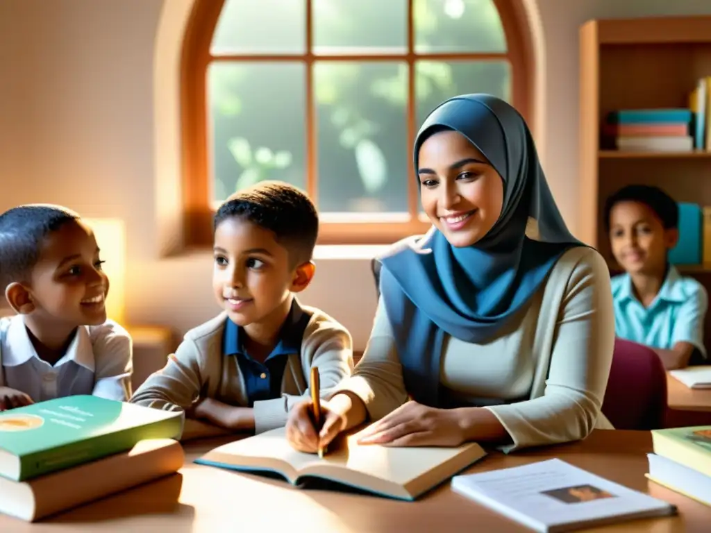 Una maestra musulmana con hijab interactúa con niños en un aula acogedora llena de materiales educativos