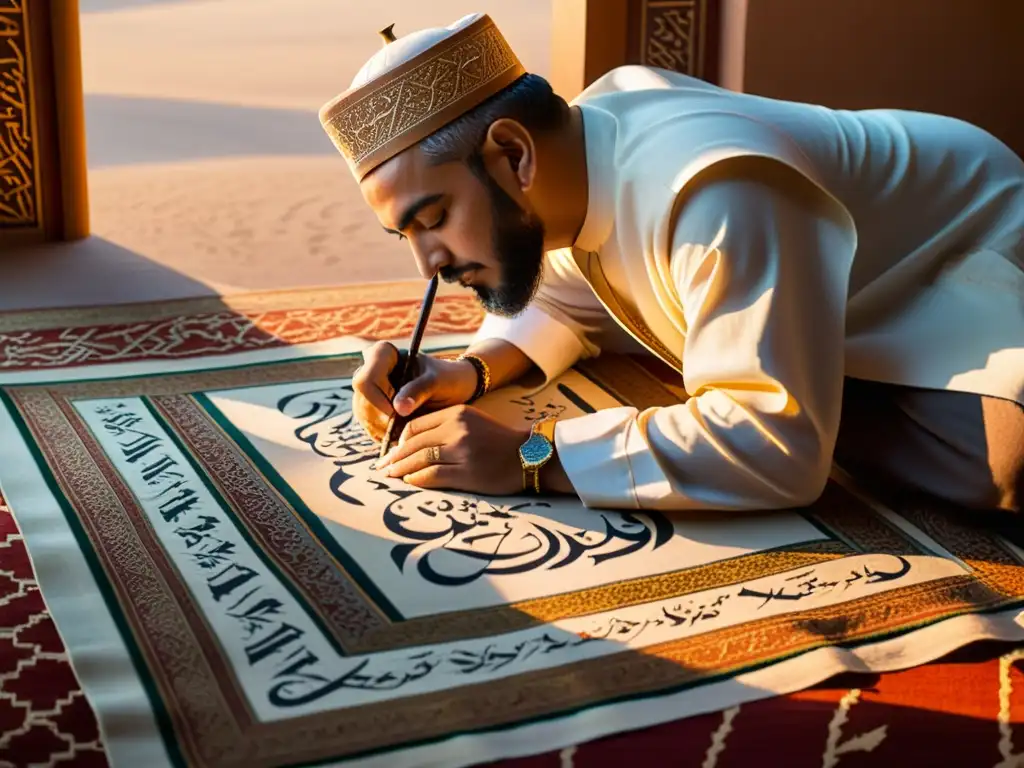 Un maestro de caligrafía islámica crea meticulosamente arte en pergamino, iluminado por la cálido atardecer