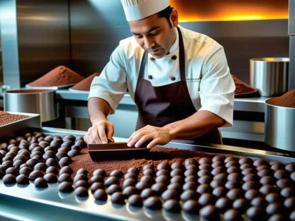 Un maestro chocolatero selecciona y tuesta granos para crear chocolate Halal de granos seleccionados en una instalación certificada, entre luz suave