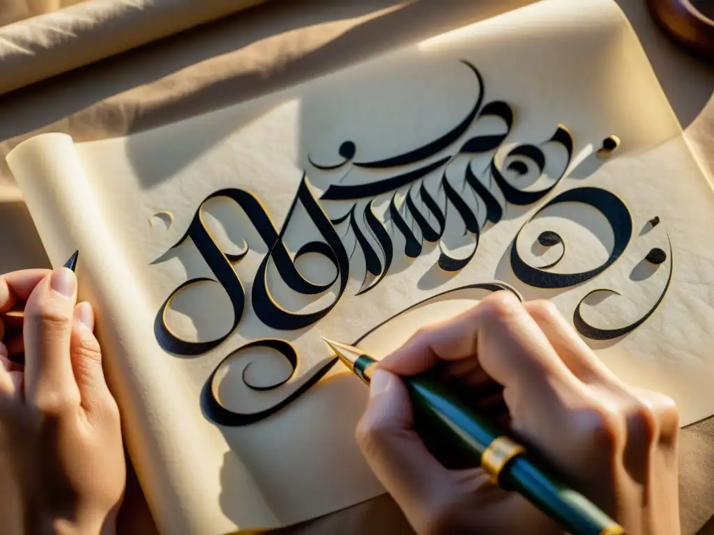 Un maestro calígrafo crea una elegante caligrafía árabe en pergamino, destacando la influencia del arte en su meticulosa obra