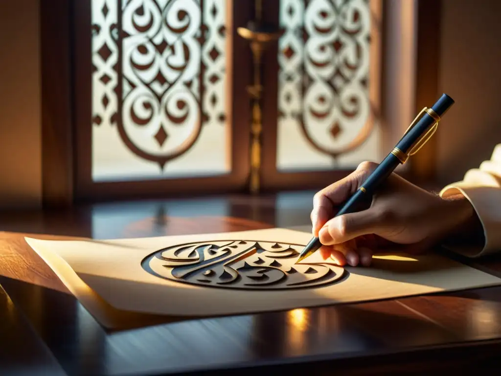 Un maestro calígrafo islámico crea delicadas letras árabes en un estudio iluminado por luz dorada, capturando la estética islámica en literatura contemporánea