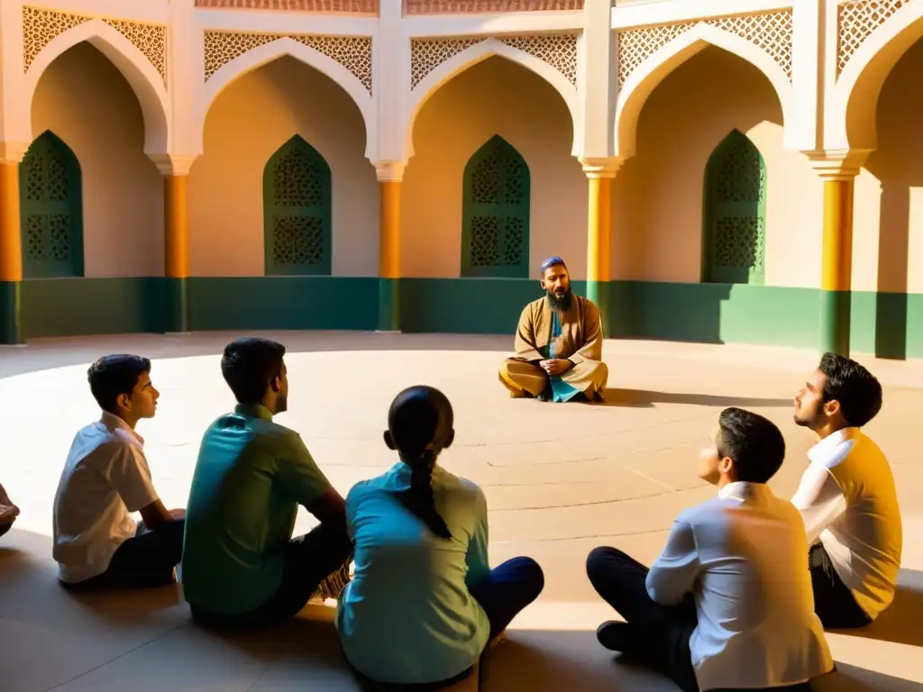 Maestro islámico comparte narrativas orales con alumnos en un atardecer cálido, promoviendo cohesión social en la educación islámica