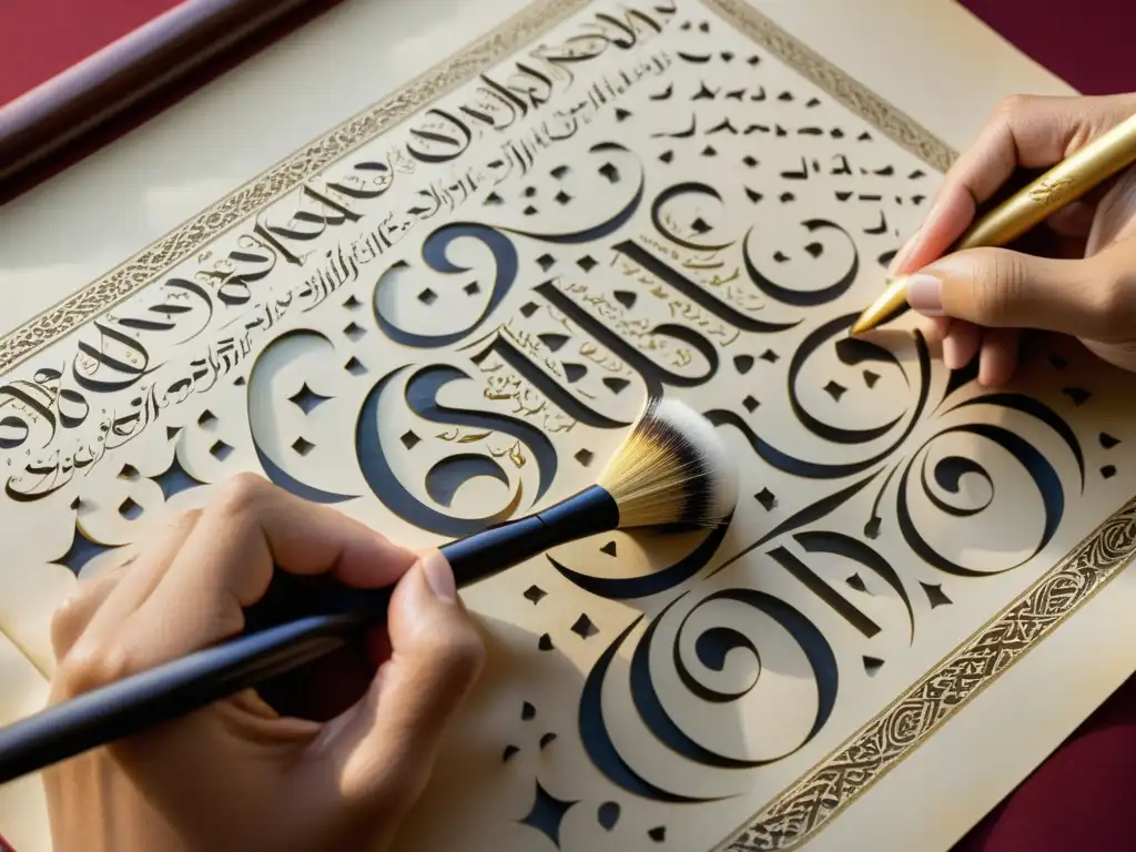 Un maestro calígrafo inscribe poesía árabe en un pergamino ricamente adornado, destacando la belleza de la caligrafía islámica poesía arte