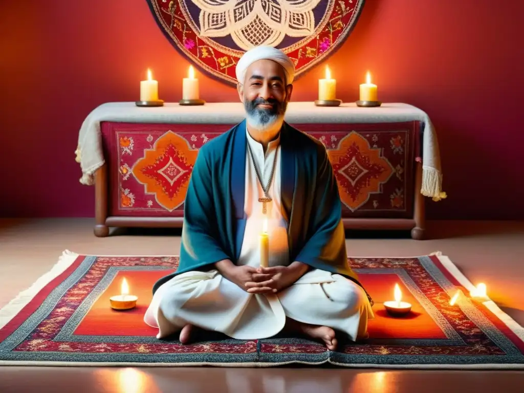 Un maestro sufí meditando entre velas, flores y un público atento, transmitiendo la función de parábolas y cuentos en la espiritualidad sufí