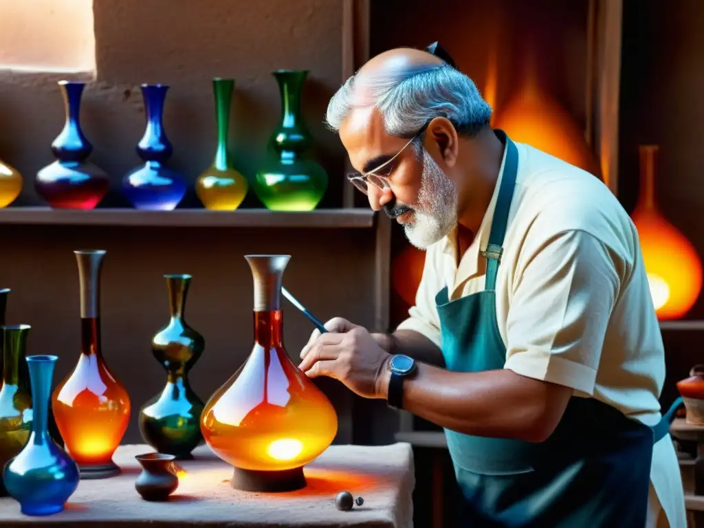 Un maestro vidriero en un taller islámico tradicional moldea con precisión el vidrio fundido