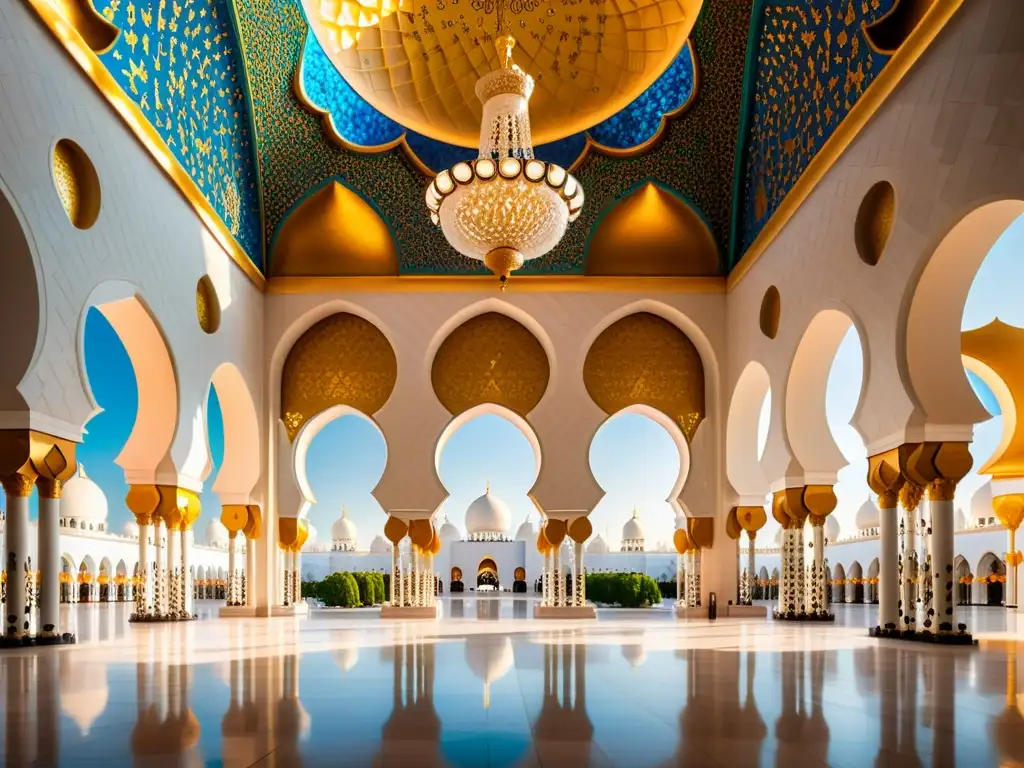 Magia islámica: la magnificencia de la mezquita Sheikh Zayed en Abu Dhabi, con sus intrincados diseños florales y caligrafía en el techo abovedado, bañados por la cálida luz del sol a través de las vidrieras
