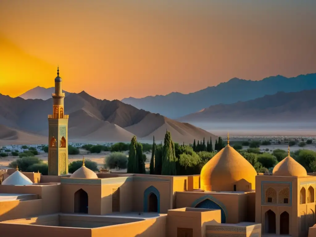 La mágica Ciudad del Fuego Sagrado Yazd, Irán, bañada por el cálido atardecer en el desierto, resaltando sus torres y arquitectura adobe