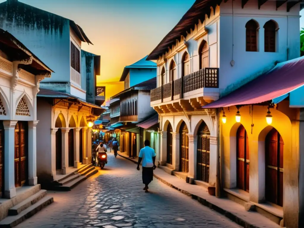 Un mágico atardecer ilumina las calles de Stone Town en Zanzíbar, reflejando la historia islámica y la fusión cultural