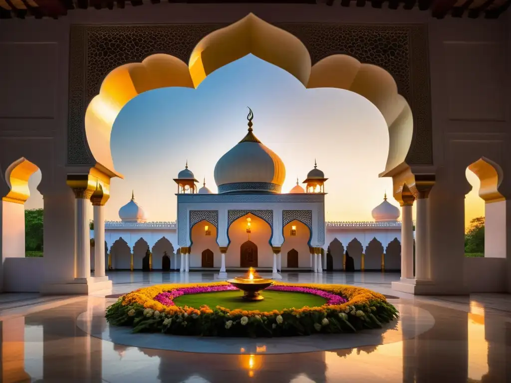 Un mágico santuario Sufi al atardecer, con patrones islámicos y un tranquilo patio lleno de flores