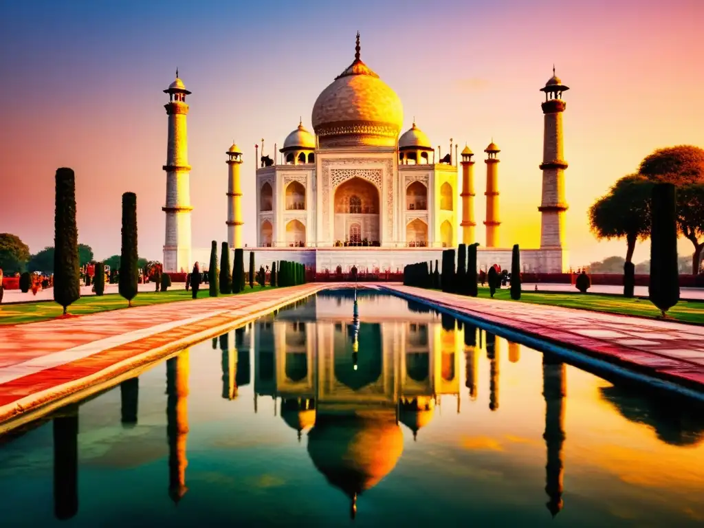 Una magnífica pintura detallada del Taj Mahal al atardecer, reflejándose en el agua, con una atmósfera serena y majestuosa