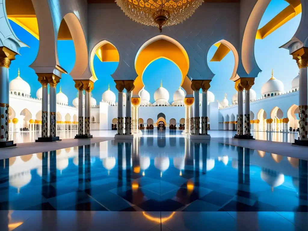 La magnificencia de la casa de oración de la mezquita Sheikh Zayed en Abu Dhabi, con detalles arquitectónicos, chandeliers y juego de luces y sombras