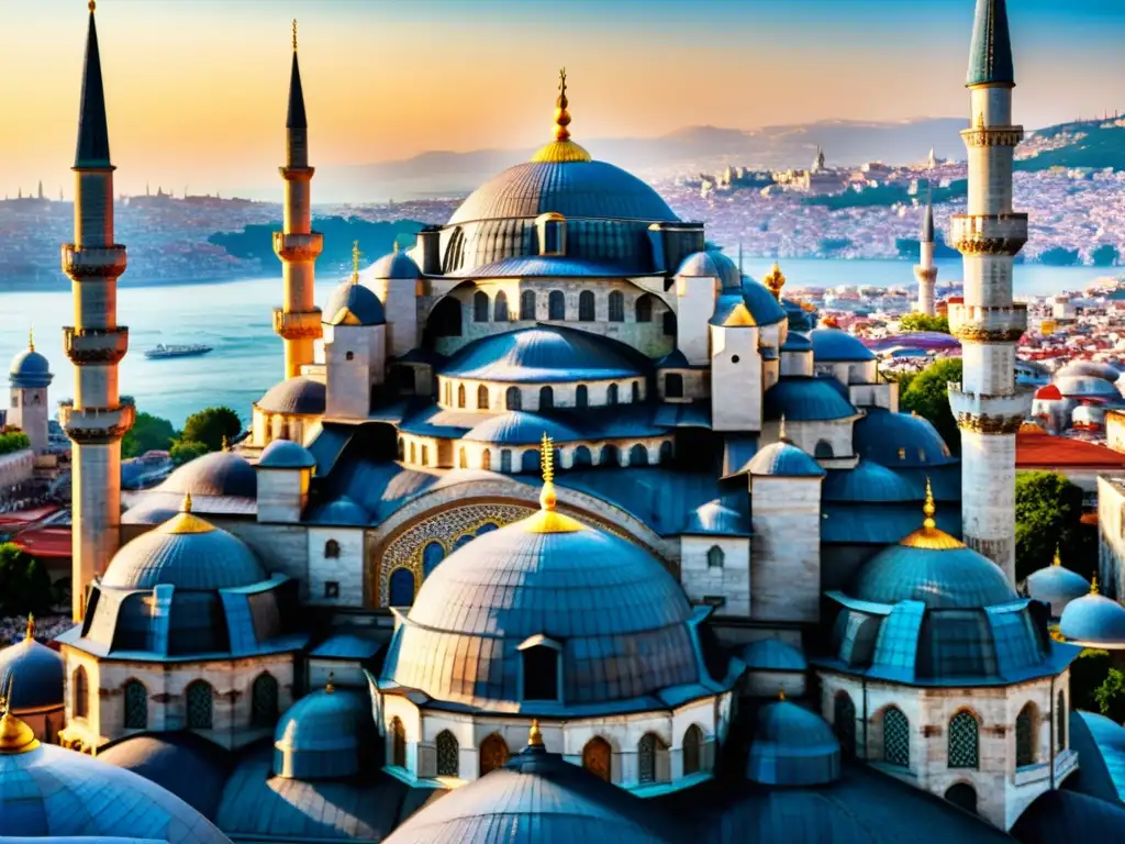 La magnificencia de la mezquita azul de Estambul al atardecer, con sus minaretes y cúpulas iluminadas por la cálida luz del sol