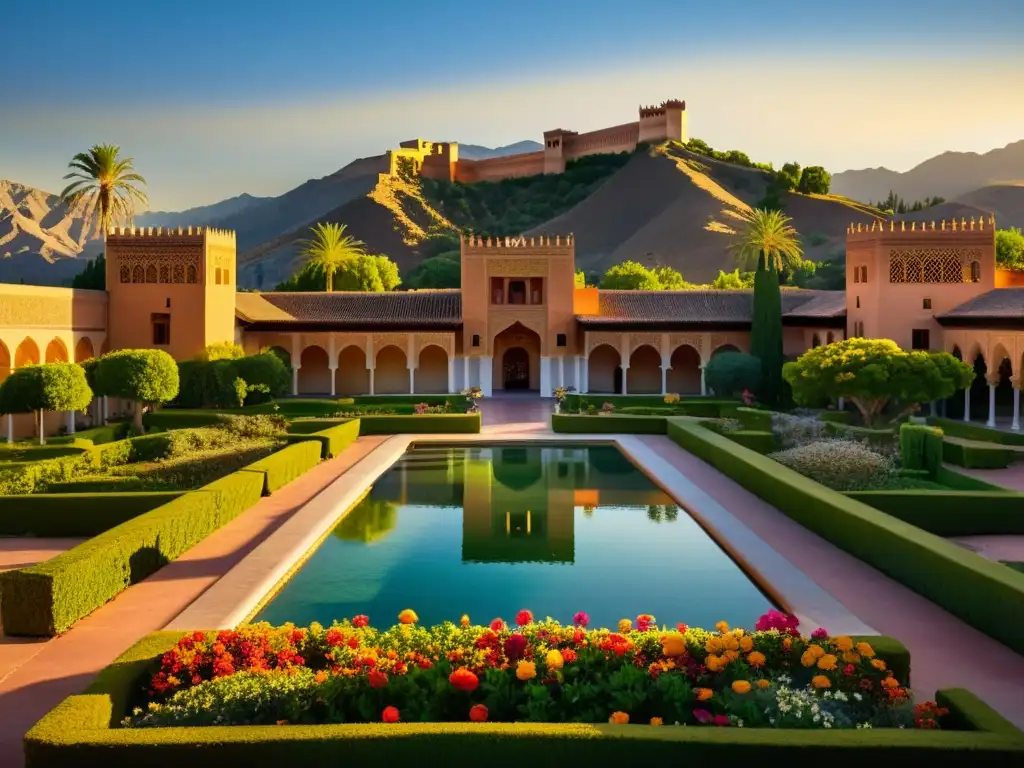 La majestuosa Alhambra al atardecer, con carvings detallados y jardines exuberantes