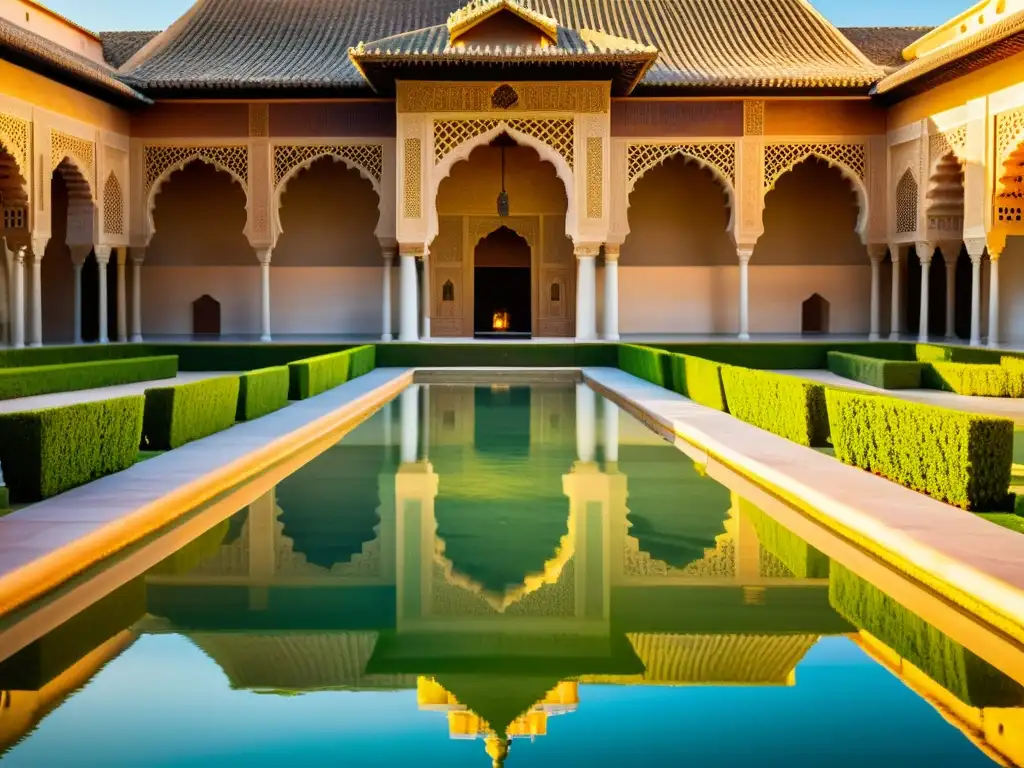 La majestuosa Alhambra al atardecer, reflejando historias de las primeras comunidades islámicas en AlÁndalus