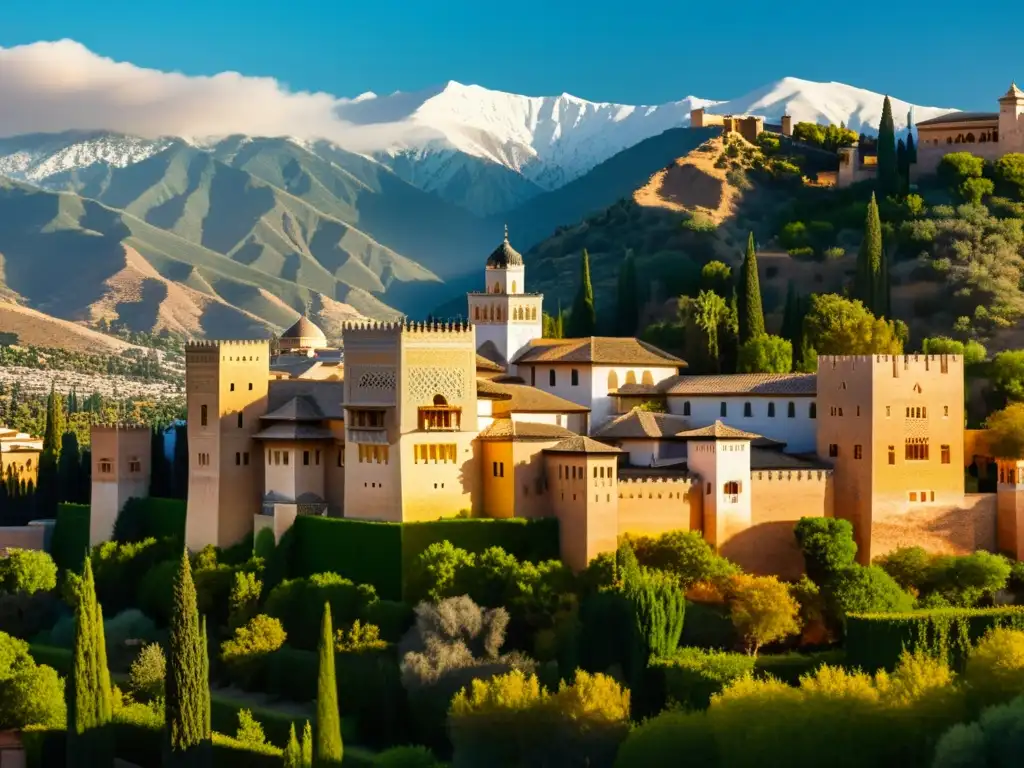 La majestuosa Alhambra al atardecer, con los palacios y jardines destacando