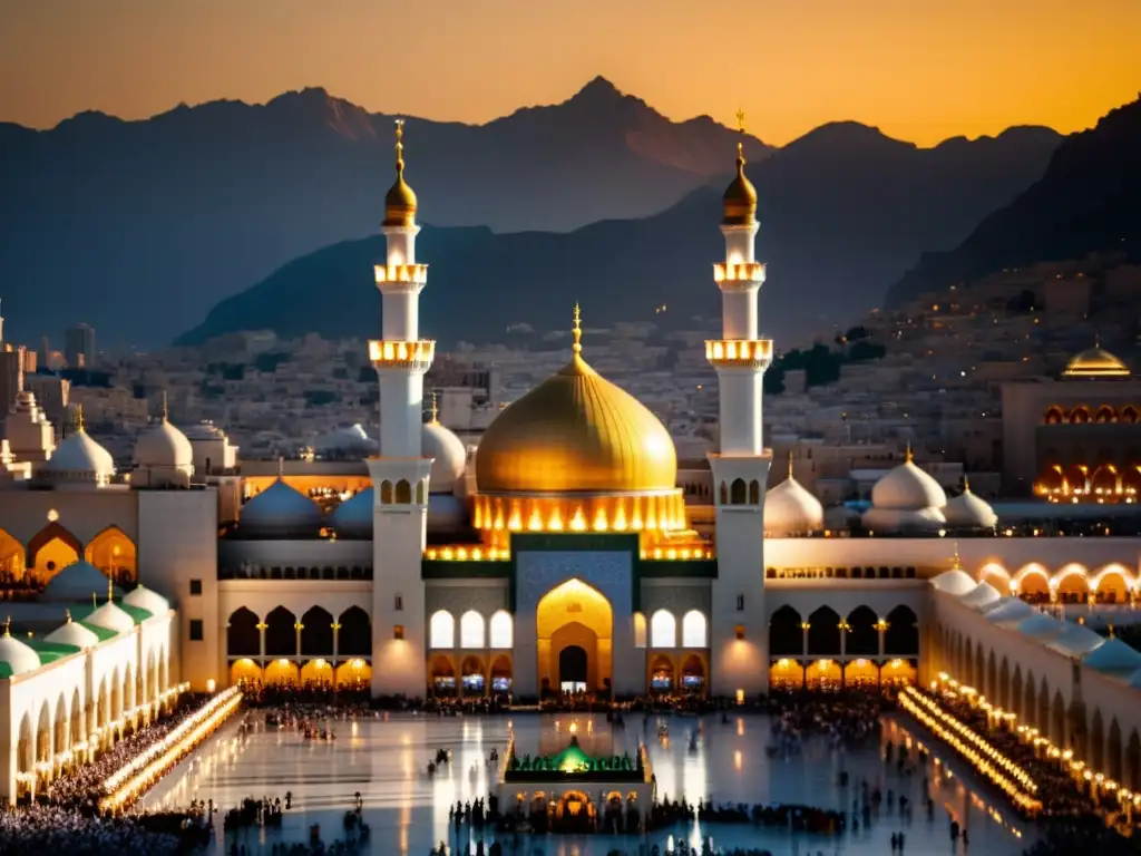 La majestuosa Al-Masjid al-Haram en Mecca, brilla al atardecer, revelando joyas ocultas de la península arábiga e inspirando reverencia islámica