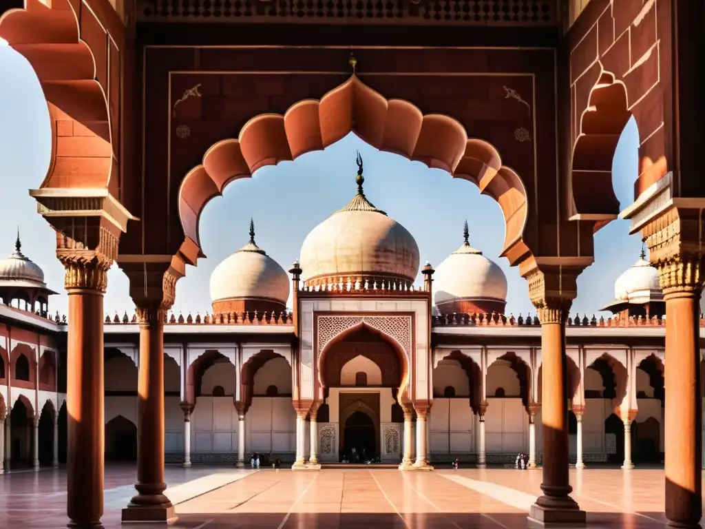 La majestuosa arquitectura de la mezquita Jama Masjid en Delhi, India, con sus detalles intrincados y la vida en el patio