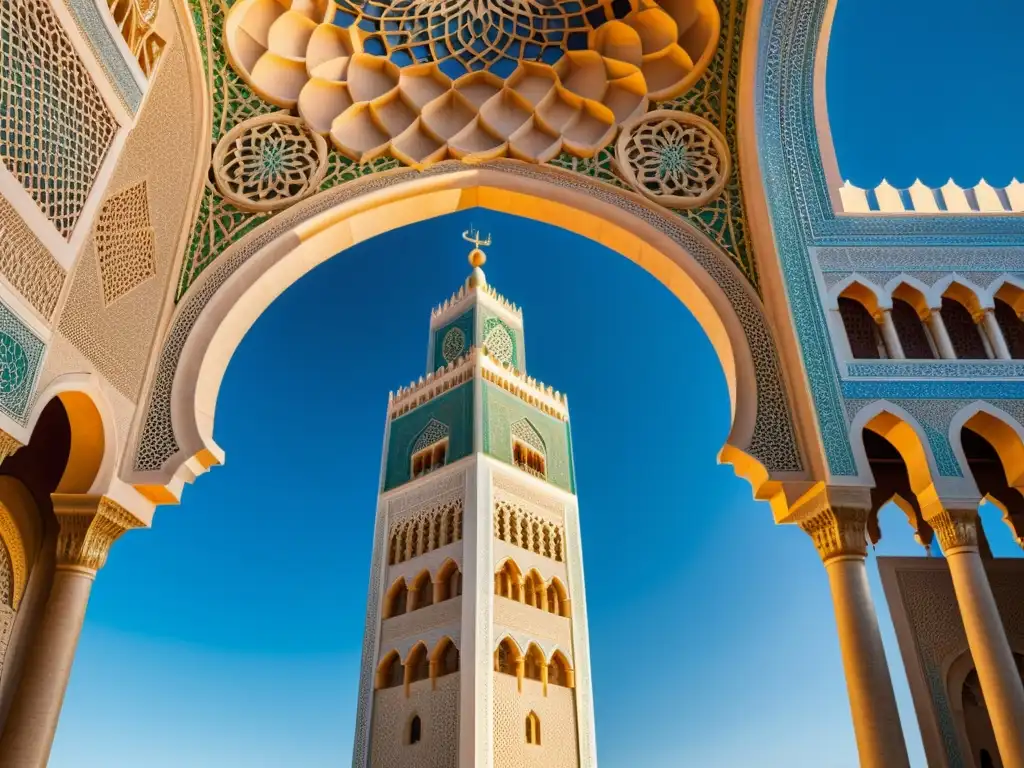 La majestuosa arquitectura de la mezquita Hassan II en Casablanca, con sus intrincados detalles y el impresionante minarete contra el cielo azul del mundo islámico