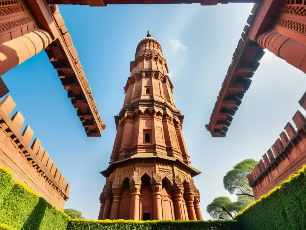 La majestuosa arquitectura palaciega del Sultanato de Delhi se refleja en el detallado Qutub Minar, resaltando su esplendor en el cielo azul