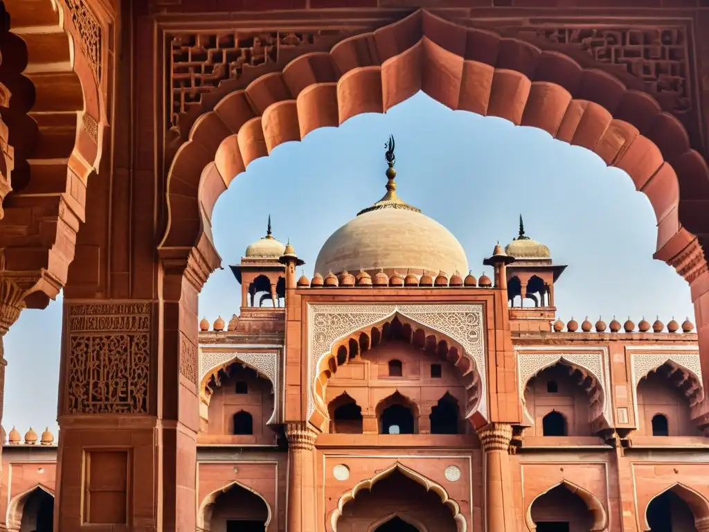 La majestuosa arquitectura palaciega del Sultanato de Delhi en la mezquita QilaiKuhna del complejo Purana Qila, con sus detalles en piedra roja y cúpulas imponentes contra un cielo azul