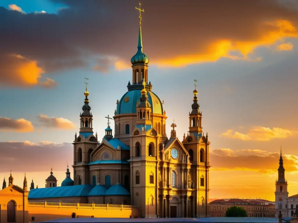 La majestuosa Basílica de Nuestra Señora del Pilar en Zaragoza, España, se destaca en un vibrante atardecer