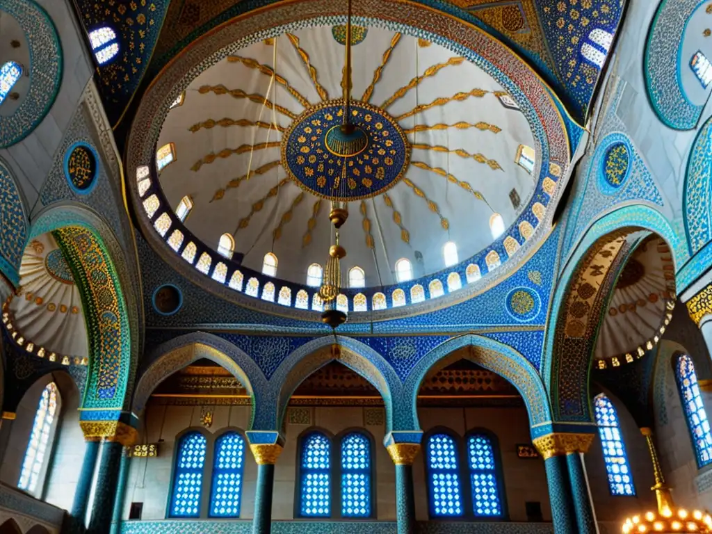 La majestuosa belleza del techo abovedado de la Mezquita Azul en Estambul, Turquía, crea una dimensión mística del Islam