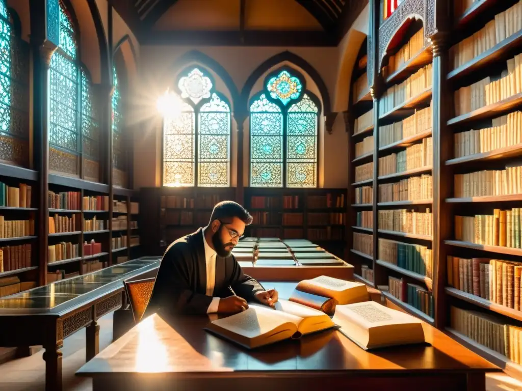 Una majestuosa biblioteca llena de antiguos manuscritos árabes, con caligrafía ornamentada en los lomos de los libros