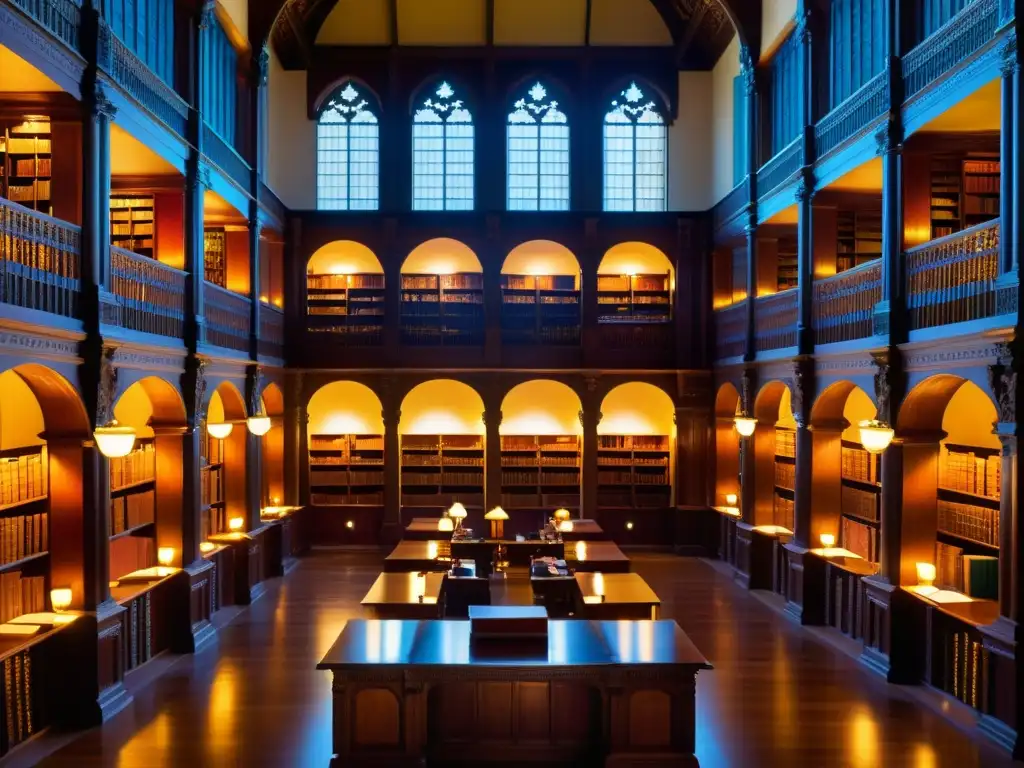 Una majestuosa biblioteca llena de manuscritos antiguos, bañada por la cálida luz del sol a través de vitrales