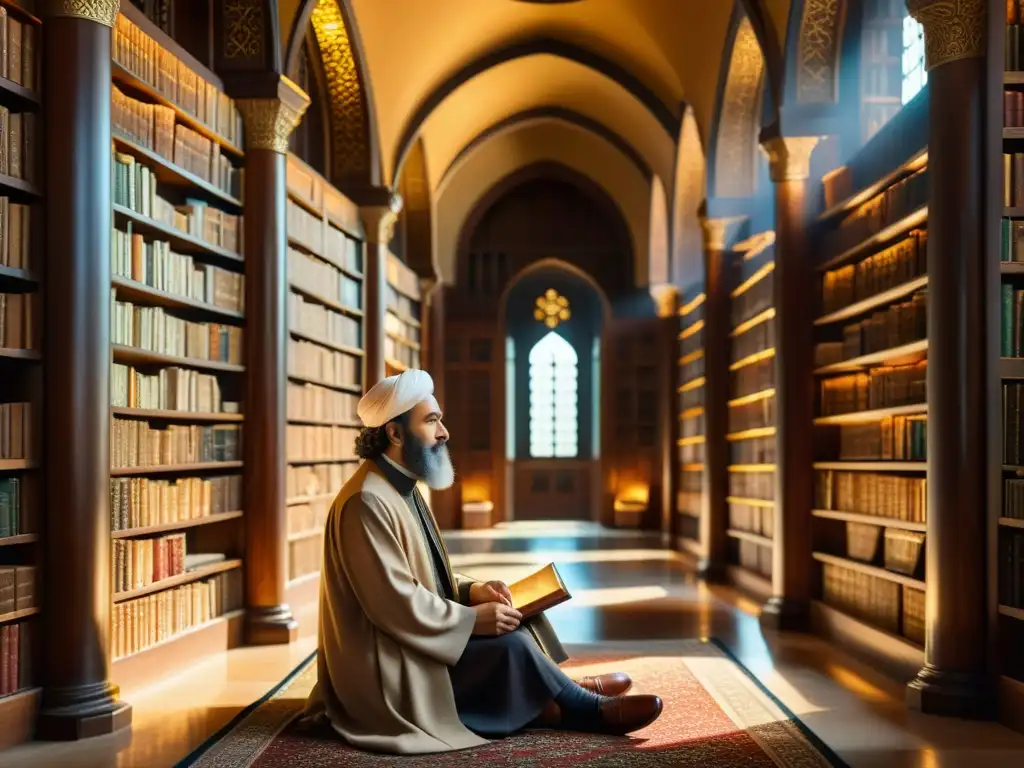 Ibn Rushd reflexiona en una majestuosa biblioteca, rodeado de antiguos manuscritos